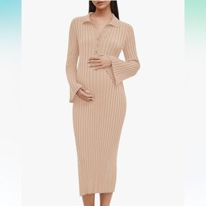 Maternity Sweater Dress V Neck Long Sleeve Ribbed Knit Slit Bodycon midi